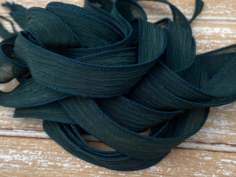 EVERGREEN Silk Ribbons 5 Hand-Dyed Sewn Strings Dark Pine Green Jamn, Great for Silk Wrap Bracelets, Necklace or Crafts