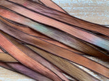 RUSTLING LEAVES Silk Ribbons Hand Dyed Strings 5 Brown Rust Green Violet, Great for Bracelet Wraps, Necklaces or Crafts