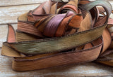 RUSTLING LEAVES Silk Ribbons Hand Dyed Strings 5 Brown Rust Green Violet, Great for Bracelet Wraps, Necklaces or Crafts