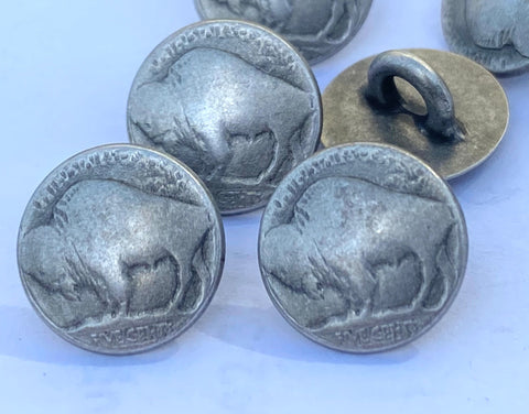 BUFFALO Nickel Metal Buttons 3/8" Antique Silver, Nickel Reproduction Tiny Shank Back Button, Qty 4 or 8, Buffalo Head 11mm