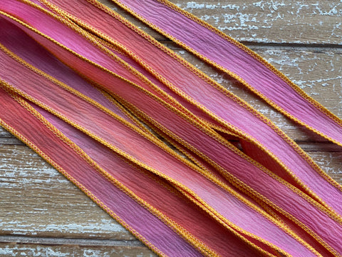 WOW Silk Ribbons Hand Dyed Sewn Crinkle Silk Strings, Qty 5 Pink Orange Coral Handmade for Bracelet Wraps or Necklaces