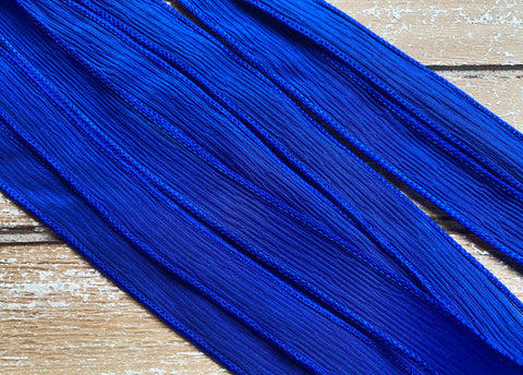 SAPPHIRE BLUE Silk Ribbons, Qty 5 to 50 Bulk Silk Strings, Hand Dyed, Jewelry or Craft Ribbon, Royal Blue, Wholesale JamnGlass Ribbon