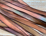 RUSTLING LEAVES Silk Ribbons Hand Dyed Strings 5 Brown Rust Green Violet, Great for Bracelet Wraps, Necklaces or Crafts