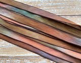 RUSTLING LEAVES Silk Ribbons Hand Dyed Strings 5 Brown Rust Green Violet, Great for Bracelet Wraps, Necklaces or Crafts