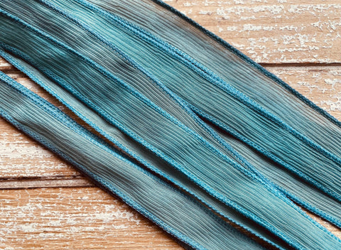 Sea Green Hand Dyed Silk Ribbons, Qty 5 Strings Soft Blue Green, Silk Wrap Bracelets, Jewelry Ribbon, Gray Green Blue