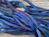 DEEP WATERS Silk Cords 3mm to 4mm x 3 Yards Long / Hand Dyed and Sewn Silk Handsasting Cording / Watercolor Cords in Blue Green Purple