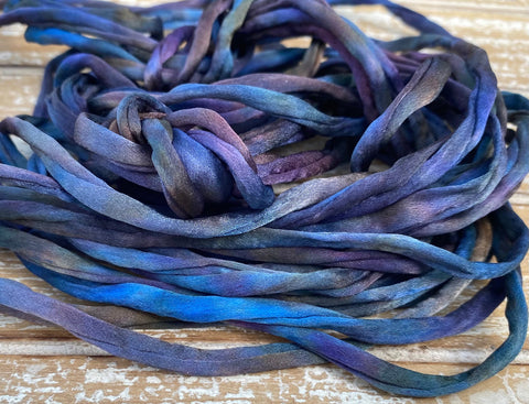 DEEP WATERS Silk Cords 3mm to 4mm x 3 Yards Long / Hand Dyed and Sewn Silk Handsasting Cording / Watercolor Cords in Blue Green Purple