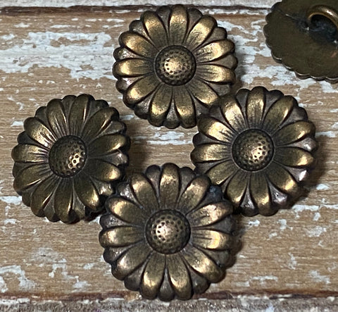 Morning Glory Metal Buttons, Antique Brass, Flower Button, Bronze Daisy Sunflower, 5/8" Qty 4 Great for Leather Wrap Clasps Clothing