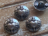 Sacred Heart Buttons 23mm Qty 4 /Clothing Sweater Jacket Button/ 7/8" Large Antique Silver Metal Flying Heart Sword Pierced Heart Tattoo