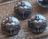 Sacred Heart Metal Buttons 18mm Qty 4/Antique Silver Heart with Wings Sword Button/ Pierced Heart Tattoo Button 11/16”