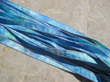 Smooth Sailing Silk Ribbons, Hand Dyed Silk Strings Qty 5 Hand Painted Aqua Blue Sea Colors, Bracelet Wraps, Bridal Flower Bouquet Trim