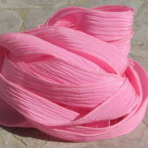 Bubblegum Pink crinkle silk ribbons - hand dyed silk strings - Qty 5  - Great for silk wrap bracelets bridal flower bouquets or other crafts