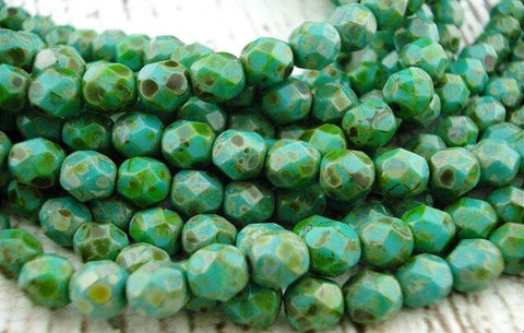 OPAQUE TURQUOISE PICASSO Faceted Round Czech Glass Beads 8mm Qty 25 Turquoise Blue