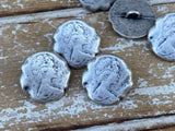 Vintage Woman Buttons Antique Silver Metal Qty 4 / 18mm British Coin Reproduction 11/16” / Clothing or Leather Wrap Clasps