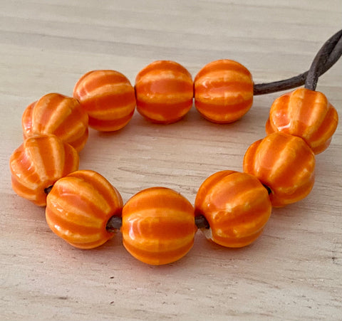 Orange Carved Pumpkin Beads Qty 12 Porcelain Melons, 15mm Ceramic Pumkins / Bright Orange Halloween Beads, Fall Melon Beads