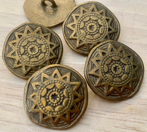 Mandala Metal Buttons 3/4” Antique Brass Sun Star Button Qty 4 Round Shank Back Buttons, 20mm Ethnic Tribal Style