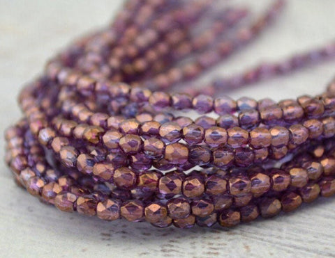 BRONZE ILLUSION 3mm Faceted Round Czech Glass Beads Qty 50 Transparent Amethyst Purple with Bronze Finish /Firepolished Small