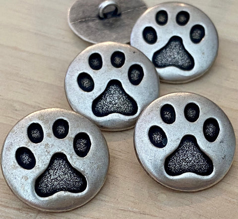 Paw Buttons 3/4” Antique Silver Metal Button Qty 4 / Dog Paw or Cat Paw Buttons 20mm Clothing Leather Wrap Clasps / Pet Lover Button Clasp