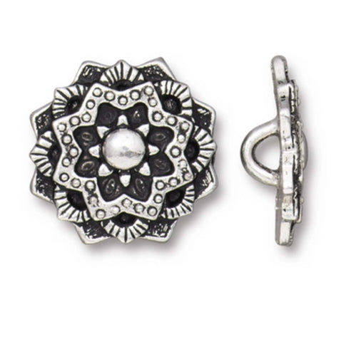 Mandala Metal Buttons Tierracast 16mm Button/ Qty 4 to 8 Lotus Flower Silver Round Shank Back Leather Wraps or Focal Clasps