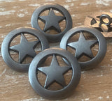 TEXAS STAR Metal Buttons, Antique Silver 20mm / 3/4" Five Pointed Stars Button, Qty 4 Great Leather Wrap Clasps Western Cowboy Clothing