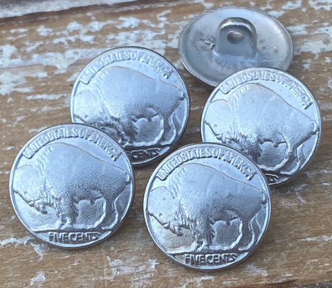 BUFFALO Nickel Metal Buttons 14mm Bright Silver /Slightly Matte Shank Button Qty 4 /Reproduction Coin Clothing Leather Wrap Clasps Southwest