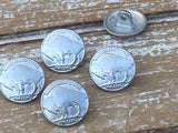 BUFFALO Nickel Metal Buttons 14mm Bright Silver /Slightly Matte Shank Button Qty 4 /Reproduction Coin Clothing Leather Wrap Clasps Southwest