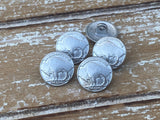 BUFFALO Nickel Metal Buttons 14mm Bright Silver /Slightly Matte Shank Button Qty 4 /Reproduction Coin Clothing Leather Wrap Clasps Southwest