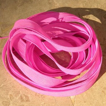 HOT PINK Silk Ribbon Hand Dyed and Sewn Strings, Wholesale Bulk Listing 5 to 25 Pink Ribbons, Great Bracelet Wraps, Necklaces or for Crafts