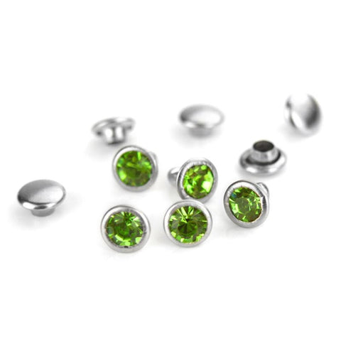 PERIDOT Rhinestone Rivets, LIGHT GREEN Czech Crystal Rivets 6mm Snap Caps Qty 5 Great for Riveting Leather or Metal