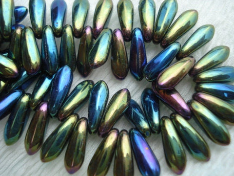 IRIS GREEN Dagger Beads /Czech Glass Beads Qty 100 Glass Beads 10mm /Side Drilled /Briolette Beads /Drops