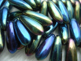 IRIS GREEN Dagger Beads /Czech Glass Beads Qty 100 Glass Beads 10mm /Side Drilled /Briolette Beads /Drops