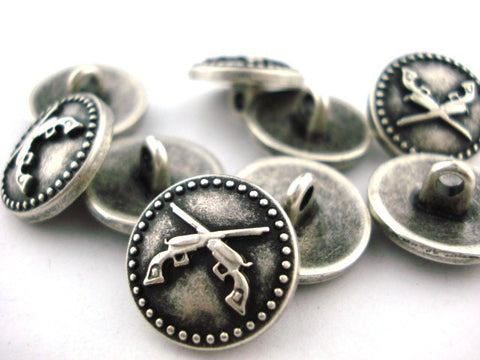 Crossed Guns Metal Button in Antique Silver w Shank 5/8" 15mm Qty 4 Pistols Leather Wrap Clasp