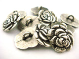 ROSE Buttons, Antique Silver Metal Button, Flower Bloom Clasp 3/4&quot; Qty 4 NAMBE, Jewelry Findings, Clothing Button, Leather Wrap Clasp