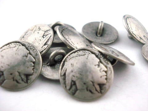 Indian Head Metal Buttons 5/8" Antique Silver Button Qty 4 to 8 Buttons, Round Shank Back Buttons, American Indian Head Nickel 15mm