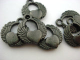 WINGED HEART Drop Charms  Qty 4 Black Oxide Tierracast Tattoo Charm, Gunmetal Gray Heart Wings