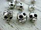 Sugar Skull Beads TierraCast Antique Silver 10mm Big Hole Beads, Large Hole, Qty 4 Rose Skulls, Day of the Dead Jewelry