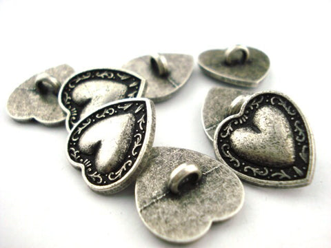 HEART Metal Buttons, Antique Silver 3/4" Qty 4 to 24, Victorian Style Heart Button, Leather Wrap Clasp, Bern Heart, Shirt Clothing Button