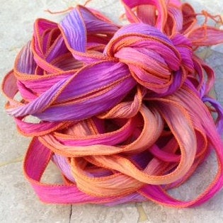 TROPICAL PUNCH Silk Ribbons Hand Dyed Sewn Strings 5 Pink Orange Gold Lilac, Bracelet Wraps or Necklace Ribbon