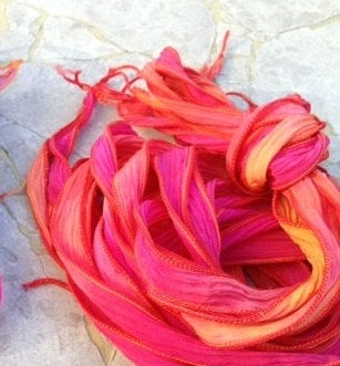 Hot Lava Silk Ribbons, Crinkle Silk Ribbons, Hand Dyed Sewn Qty 5 Strings in Pink Orange Gold and Red, Stringing Supplies, Jewelry Ribbon