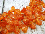 SUNSHINE DUST COATED Leaves Czech Pressed Glass Tangerine Orange Dusted with Gold Leaf Beads Qty 25 14 X 9 mm