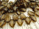 SMOKEY TOPAZ with Gold Inlay Czech Glass Leaves /Pressed Glass Leaf Beads Qty 25 14 X 9 mm Transparent Brown