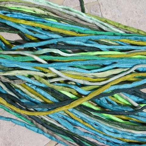 GREENS Silk Cord Assortment 25 Silk Strings Emerald Grass Teal Lime Olive, Great for Kumihimo Braiding or Craft Cords