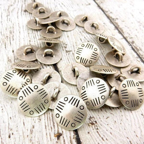 Tribal Metal Buttons, Ethnic Buttons, 5/8" Round Antique Silver, Shank Back Buttons, 15mm, Concho Button, Leather Wrap Clasp Buttons