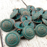 Tapestry Buttons 5/8" - Metal Buttons - Antique Copper w/ Verdigris Green Patina Royal Crest 15mm - Sweater Blazer Button - Leather Findings