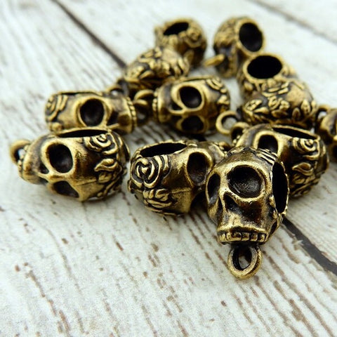 TierraCast, ROSE SKULL BAIL, 16mm Antique Brass, Big Hole, Bail Beads, Qty 4, Bronze, Viva Mexicana, Day of the Dead Skull