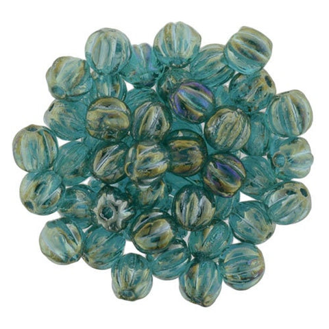 LUSTER IRiS ATLANTIS Blue Melon Beads /Czech Glass Beads /Round Carved Melons 5mm Strand 50 Beads