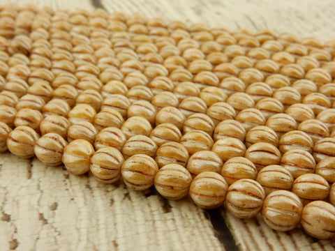 OPAQUE LUSTER Picasso Melon Beads /Czech Glass Beads /Round Carved Fluted Beads 8mm Strand 25 Beads