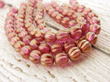 HALO MADDER ROSE Melon Beads /Czech Glass Beads /Pink with Light Gold Dusting Round Carved Melons 8mm Strand 25 Fluted Pumpkin Beads