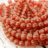 HALO CARDINAL Melon Beads, Czech Glass Carved Pumpkin Beads, RED Round Melons 8mm Strand 25 Beads