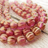 HALO MADDER ROSE Melon Beads /Czech Glass Beads /Pink with Light Gold Dusting Round Carved Melons 8mm Strand 25 Fluted Pumpkin Beads